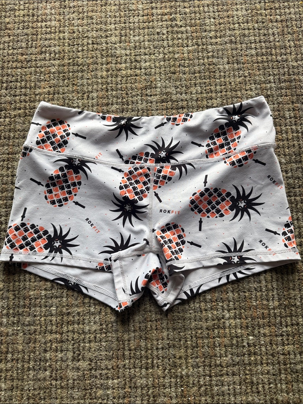 ROKFIT White Pineapple Print Athletic Shorts with Stretch Waistband